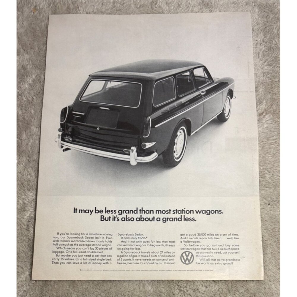 Vintage Volkswagen Squareback Sedan Print Ad 1960s Original Ad 13.5 x 10.25"